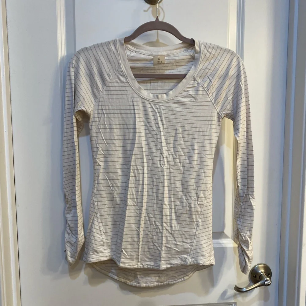 CALIA Everyday Long Sleeve white with Lavender stripes, ruched sleeves - Picture 4 of 6